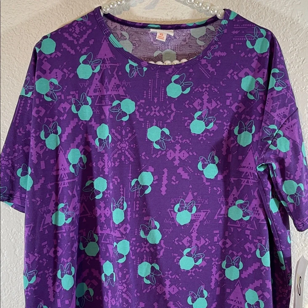 LuLaRoe Disney Irma Mickey Minnie Mouse Aztec Shades of Purple/Teal Shirt XS NEW - Picture 2 of 9
